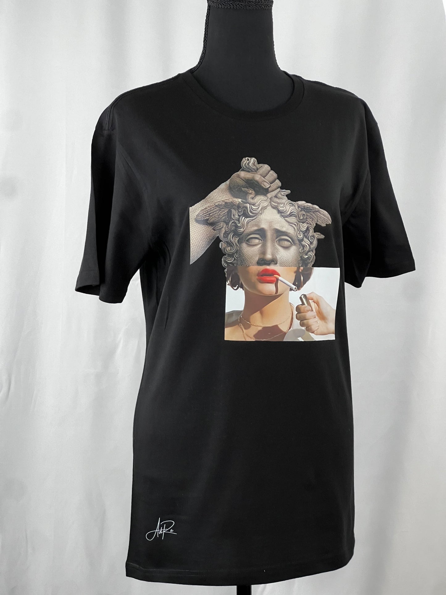 Make a Statement with Our Women's Smoking Lips Statue Graphic T-Shirt | Adra Apparel