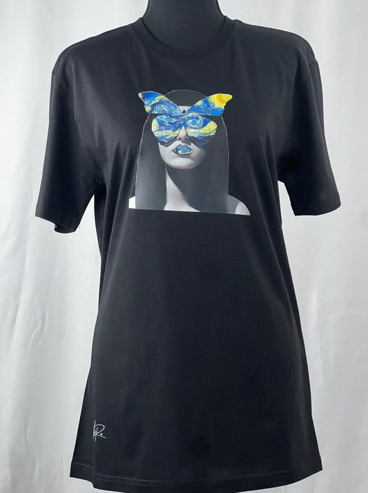 Embrace Elegance with Our Black and White Butterfly Eyes Graphic T-Shirt | Adra Apparel
