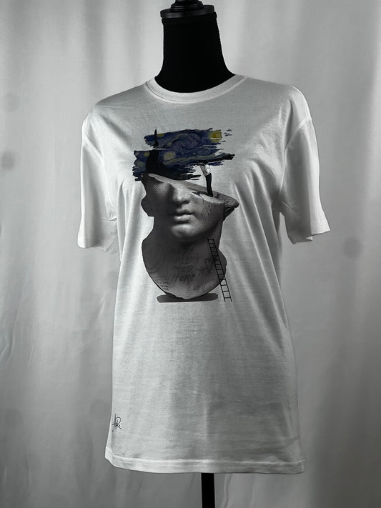 Elevate Your Style with Our "The Starry Night" Painting on Head Statue Graphic T-Shirt | Adra Apparel