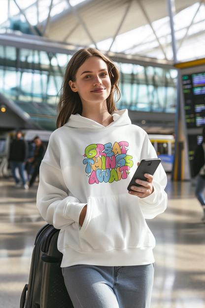 "Great Things Await" Colorful Graphic Hoodie