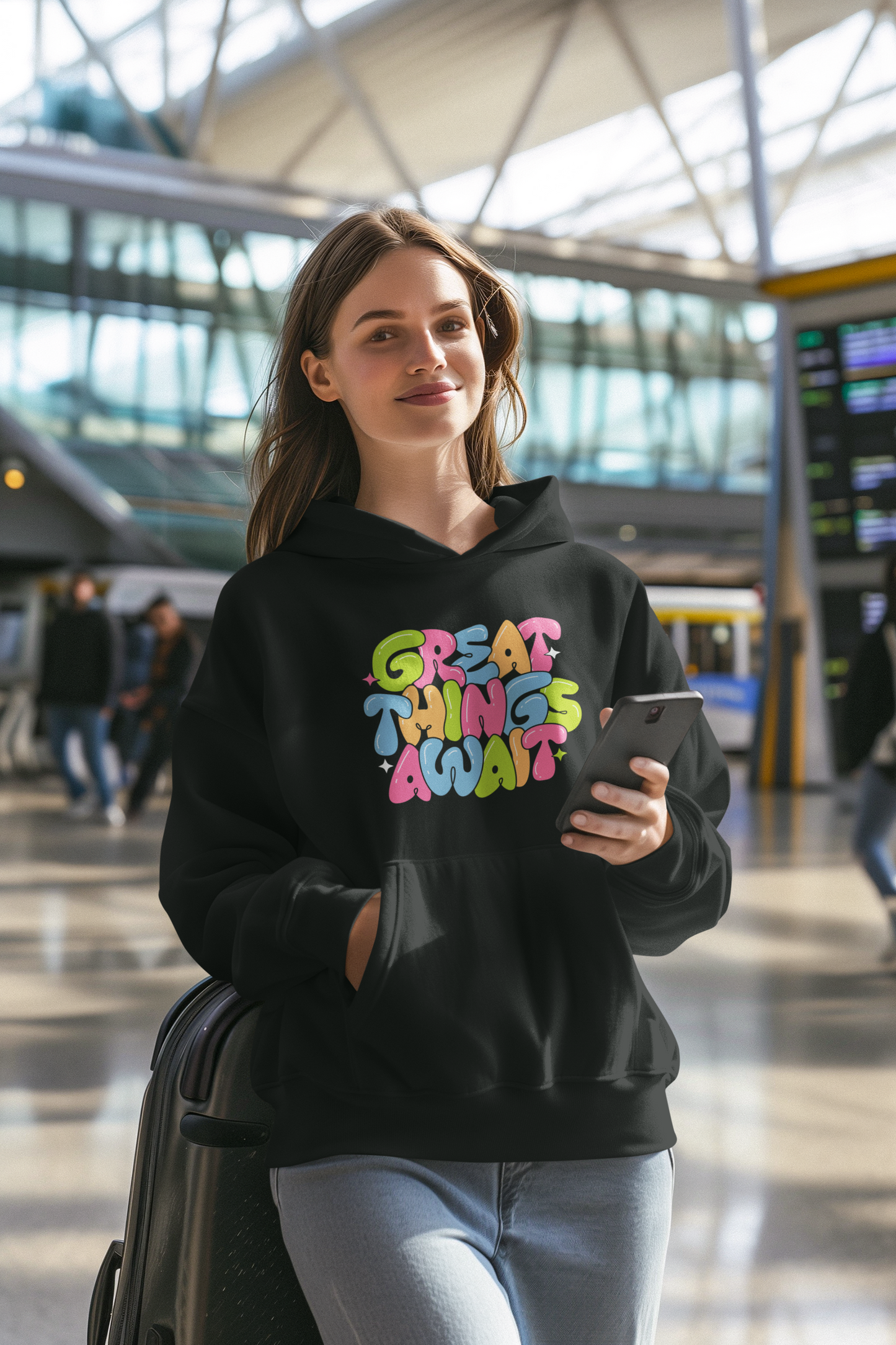 "Great Things Await" Colorful Graphic Hoodie