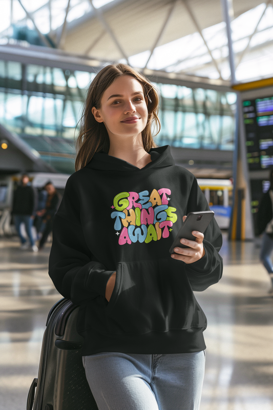 "Great Things Await" Colorful Graphic Hoodie