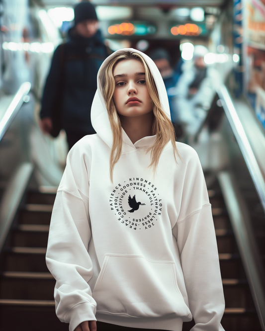 Empowering Hoodie with Circular Inspirational Words and Dove Design