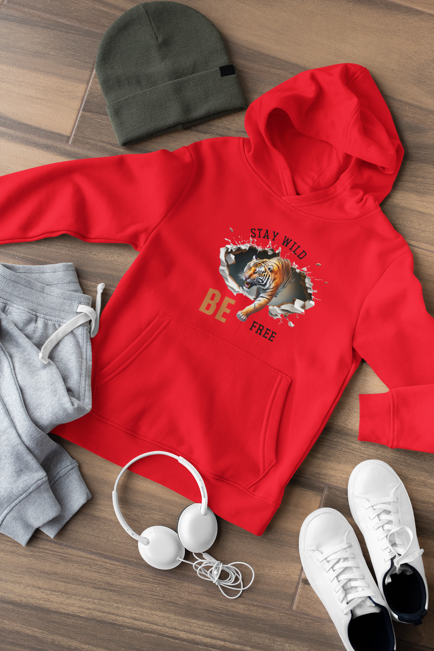 Stay Wild Hoodie - Be Free with Tiger Graphic